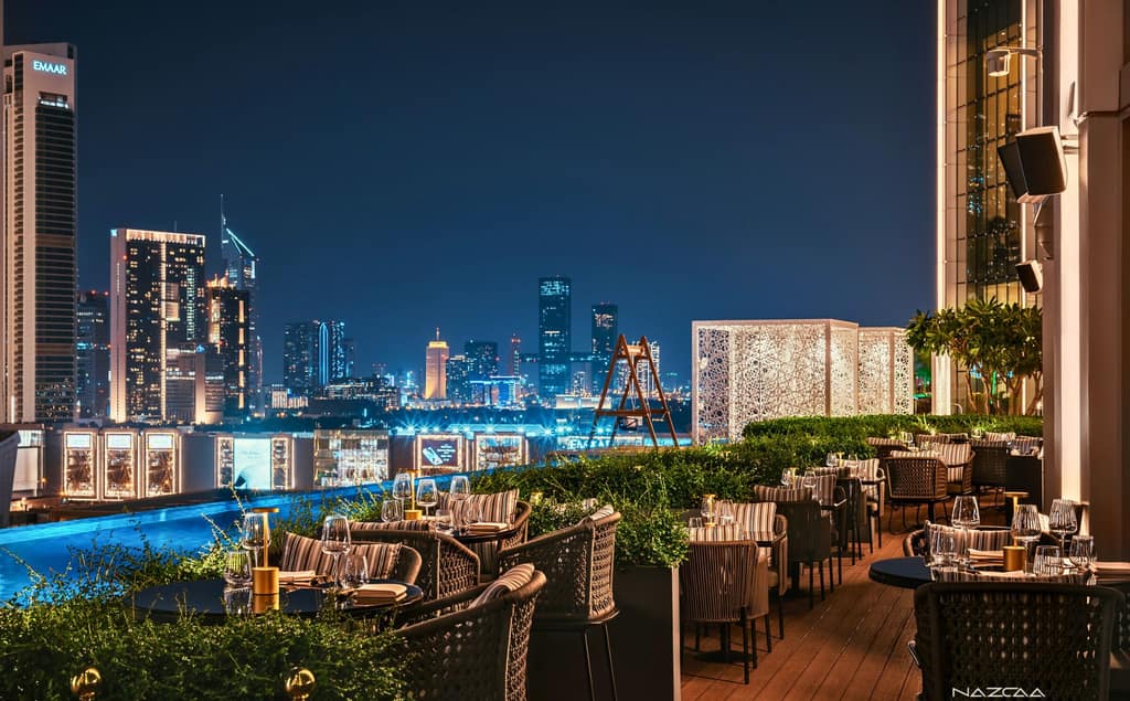The Burj Khalifa and Downtown Dubai skyline at dusk